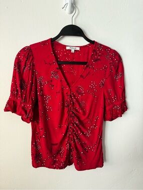 Madewell Red Floral Ruched V-Neck Blouse